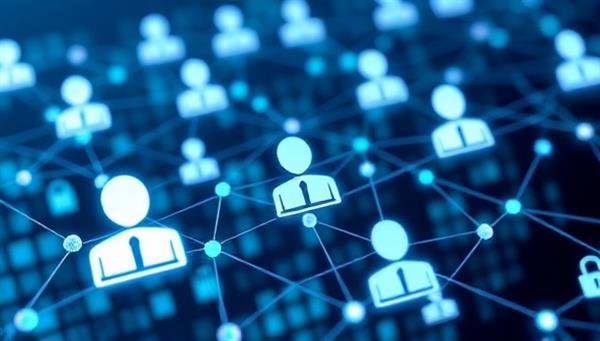 An illustration of a blockchain network securely verifying personal identities with encrypted data blocks, symbolizing the integrity and security of the identity verification service for government applications.