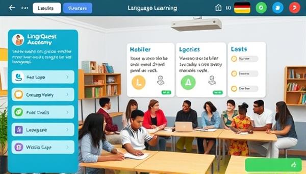 An interactive language learning game interface featuring virtual quests, vocabulary challenges, and language comprehension exercises, with a diverse group of users engaging in language learning activities in a virtual classroom setting, highlighting the fun and interactive nature of LingoQuest Academy.