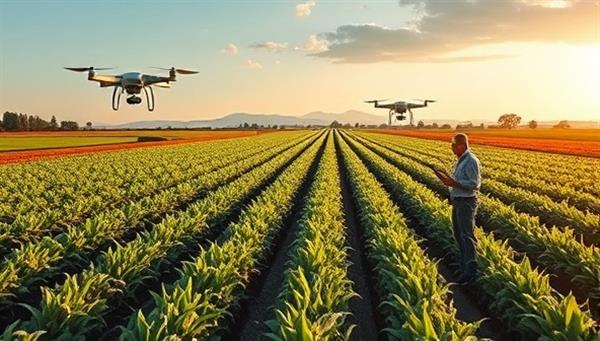 A modern farm landscape with futuristic sensors and drones monitoring crop health, a farmer reviewing data on a tablet, and a consultant discussing agri-tech solutions, illustrating the fusion of traditional farming practices with cutting-edge technology for sustainable agriculture.