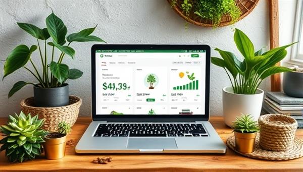 An eco-friendly themed image featuring a laptop screen displaying sustainable investment options surrounded by green plants, recycled materials, and nature-inspired decor, evoking a sense of ethical investing and environmental consciousness.