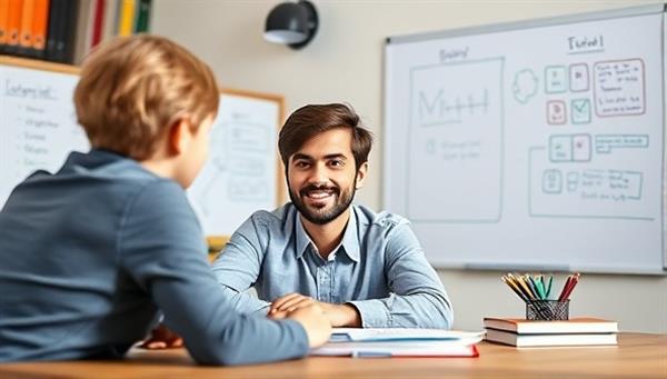 An online tutoring session with a tutor and student interacting through video call, with digital whiteboards and study materials visible in the background, illustrating personalized and engaging learning experiences.