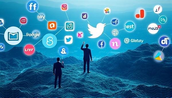 An artistic rendering of a digital landscape with virtual influencers interacting with brand logos, symbolizing the fusion of technology and marketing in a visually striking manner.