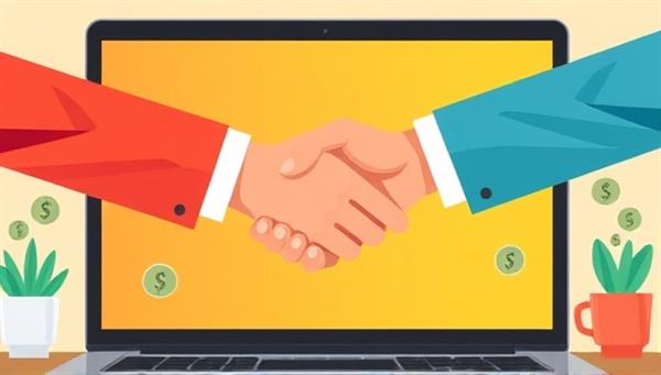 An engaging digital illustration of a handshake between a borrower and a lender through a computer screen, symbolizing trust and connection in peer-to-peer lending, with virtual money transfer animations in the background.