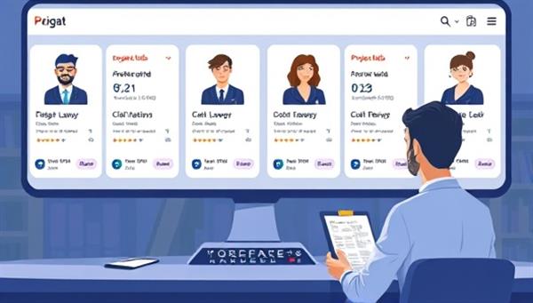 An illustration of a digital marketplace interface with profiles of freelance lawyers showcasing their expertise, client reviews, and project bids, with a user browsing through legal service offerings, highlighting the platform