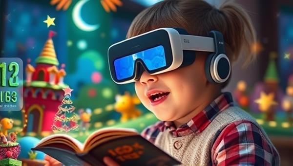 A child wearing AR glasses, immersed in a colorful and animated world from an e-book, interacting with AR characters and elements, surrounded by a magical and educational atmosphere that sparks curiosity and imagination.
