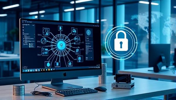 A modern office setting with a sleek desktop computer displaying a network diagram, tech gadgets on the desk, a digital security lock icon on the screen, and a futuristic tech backdrop, symbolizing innovation and expertise in technology integration consultancy.