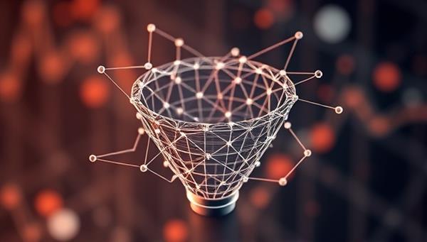 An abstract visualization of interconnected data points forming the shape of a content marketing funnel, symbolizing the strategic alignment of data insights with content creation to drive engagement and conversions, illustrating the effectiveness and precision of DataMark