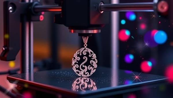 An artistic rendering of a 3D printer crafting a delicate and intricate jewelry piece, surrounded by vibrant colors and sparkles to convey the essence of creativity and customization.