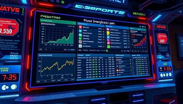 A futuristic digital display showing live e-sports data, predictions, and analysis, surrounded by glowing graphics and dynamic visuals representing the fast-paced world of e-sports betting, highlighting the platform