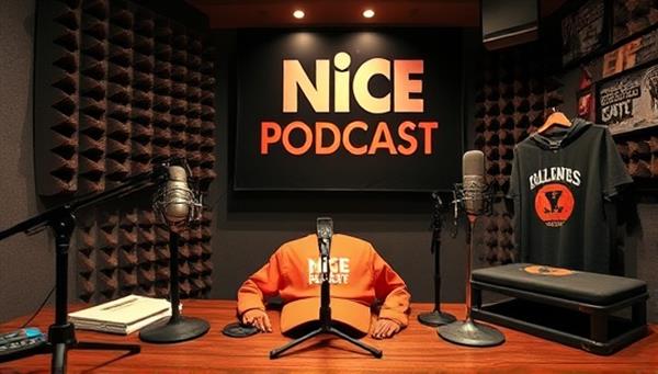 An artistic representation of a podcast studio setup with microphones, soundproofing panels, and branded merchandise, capturing the essence of niche podcasting and targeted advertising opportunities within specific interest categories.