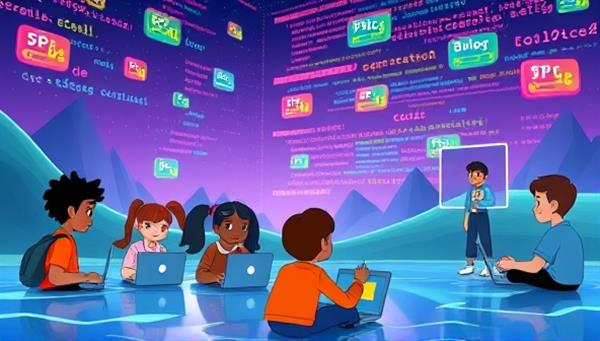 An animated digital landscape with colorful code blocks floating around, a group of diverse kids with laptops engaged in coding activities, and a virtual instructor guiding them through a coding lesson, illustrating a futuristic and engaging coding camp environment.