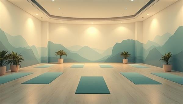 An enchanting digital landscape featuring a serene yoga studio with calming colors, soft lighting, and virtual yoga mats arranged in a peaceful setting, inviting viewers to immerse themselves in the tranquil and meditative world of SerenitySpace.