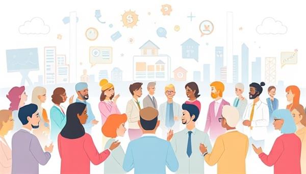 An illustrated digital community platform interface showing diverse avatars of investors engaging in discussions, sharing resources, and exploring real estate investment opportunities, creating a vibrant and interactive online community.