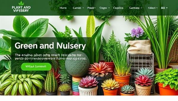 An online plant nursery website featuring a diverse selection of lush green plants, colorful succulents, and gardening tools, with a virtual consultation button for personalized plant care advice, promoting a green and vibrant lifestyle.