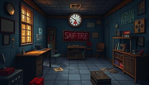 A digital illustration of a mysterious virtual room filled with interactive puzzles, hidden clues, and a countdown timer, capturing the suspense and thrill of the virtual escape room challenges offered by Escape Quest.