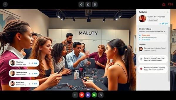 A dynamic and engaging virtual beauty masterclass scene with a diverse group of participants watching a professional makeup artist demonstrate techniques on a model, with interactive chat features and virtual beauty tools for hands-on learning and interaction.