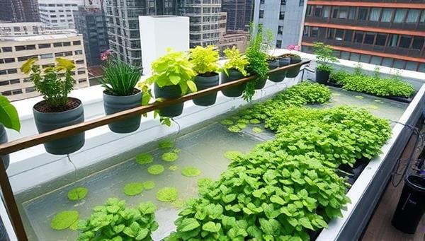 An urban rooftop garden featuring a harmonious aquaponics system with fish tanks, lush green plants, and a diverse array of vegetables growing vertically, showcasing the symbiotic relationship between aquaculture and hydroponics in a modern urban setting.
