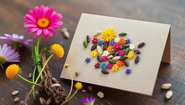 An aesthetic photo of a handcrafted seed paper greeting card adorned with colorful wildflower seeds, showcasing the eco-friendly and interactive nature of the product, with a tagline emphasizing sustainability and growth.