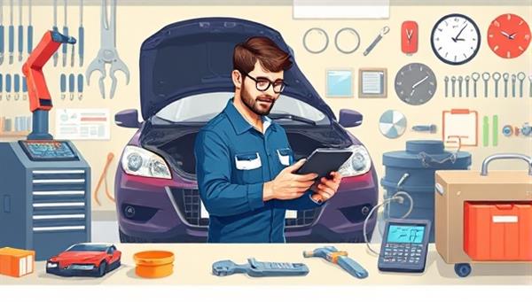 An engaging digital illustration of a mechanic performing a car inspection with diagnostic tools, surrounded by various car parts and tools, highlighting professionalism and expertise in vehicle maintenance.