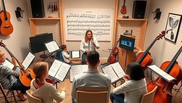 A virtual music lesson setup with an instructor guiding students of different ages in playing instruments and reading sheet music, surrounded by musical instruments, music sheets, and digital interfaces, creating a harmonious and engaging learning environment.