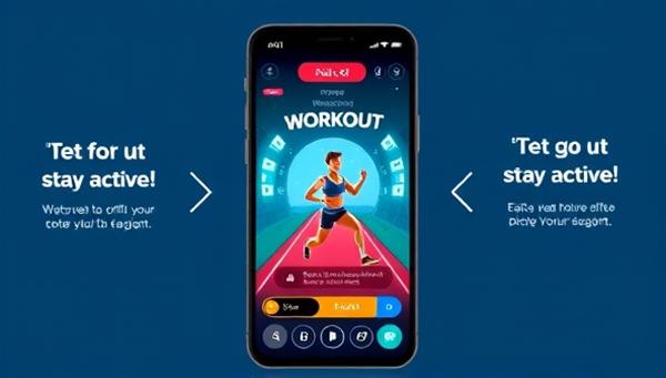 An engaging mobile screen displaying a fitness avatar completing a workout challenge in a virtual world, surrounded by motivational messages and progress trackers, encouraging users to stay active and achieve their fitness goals.