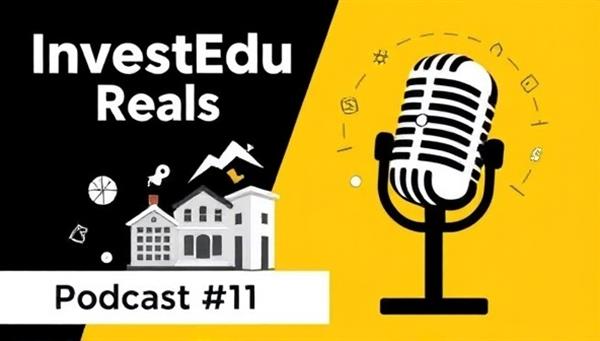 An engaging podcast cover art featuring a microphone, real estate symbols, and a dynamic design that conveys professionalism and expertise, representing the educational and informative content of InvestEdu Real