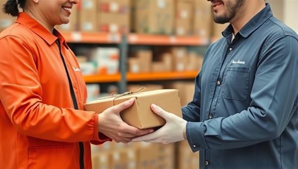 A small business owner handing over a neatly packaged parcel to a friendly courier from SwiftShip Solutions, with shelves of products in the background, symbolizing seamless logistics support and reliable shipping services for entrepreneurs and e-commerce sellers.