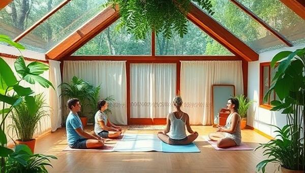 A serene and tranquil image of a virtual wellness retreat setting with lush greenery, calming decor, and participants engaging in yoga and meditation practices, conveying the peaceful and rejuvenating atmosphere of Serenity Escape Online for a transformative wellness experience.