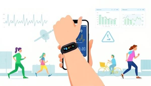 An illustration of a person wearing the VitaTrack bracelet while engaging in various activities, with vital signs and wellness metrics displayed on a mobile app screen in the background, showcasing the seamless integration and user-friendly interface of the health monitoring system.