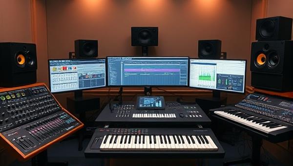 A digital music studio setup with virtual mixing consoles, MIDI controllers, and music production software interfaces, showcasing a creative and professional environment for music production education and training.