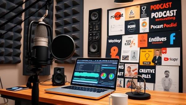 A digital workspace with a microphone, soundproofing panels, a laptop displaying audio editing software, and a creative mood board with podcast ideas and designs, capturing the essence of podcast production creativity.
