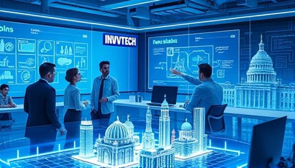 A futuristic office environment with GovTech Innovate team members brainstorming digital solutions on interactive screens, surrounded by advanced tech gadgets, digital blueprints, and a smart city model, illustrating innovation and tech-savvy expertise in government transformation.