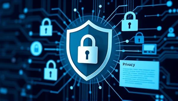 A digital security visualization with a shield symbolizing data protection and privacy, surrounded by lock icons, encryption algorithms, and privacy policy documents, representing a secure and safeguarded online environment provided by data privacy consulting services.