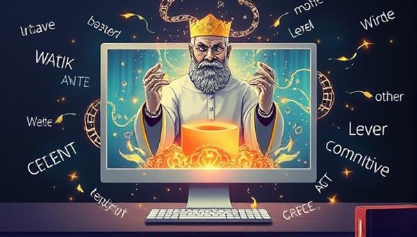 An artistic representation of a magical genie emerging from a computer screen, surrounded by swirling words and creative sparks, symbolizing the AI-driven content creation magic of GenieWrite.