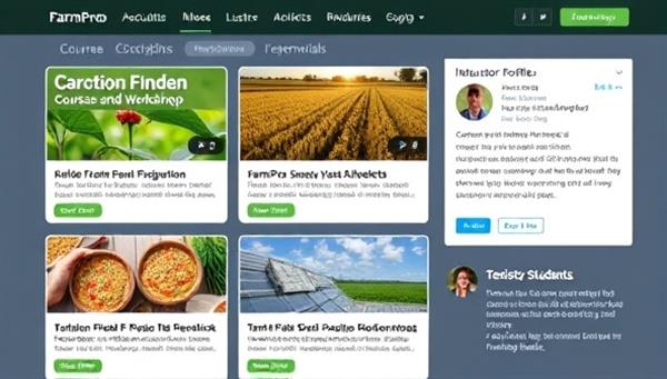 An online learning platform interface displaying a selection of agricultural courses and workshops, with engaging course descriptions, instructor profiles, and testimonials from satisfied students, conveying a sense of educational excellence and industry expertise offered by FarmPro Learning.