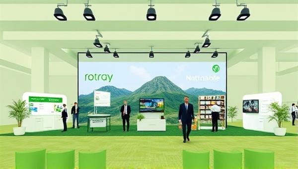 An eco-friendly virtual events platform interface featuring a virtual trade show floor with sustainable exhibitor booths, interactive networking spaces, and educational sessions on environmental conservation, showcasing a digital environment designed for green event experiences.