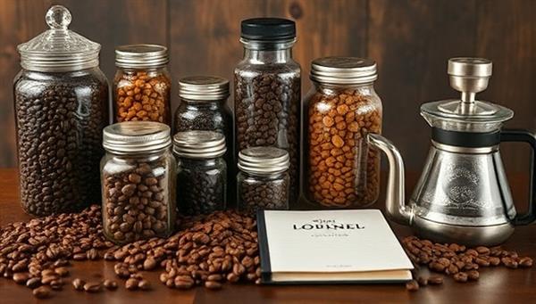 An array of premium coffee beans in various colors and sizes elegantly displayed in glass jars, accompanied by coffee brewing equipment and a tasting journal, creating a sophisticated and inviting setting for a coffee exploration journey that celebrates the art of coffee craftsmanship and appreciation.
