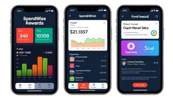 An interactive app interface showcasing SpendWise Rewards features, including colorful spending graphs, cashback reward notifications, and a user-friendly design that encourages financial mindfulness and smart spending habits among users.