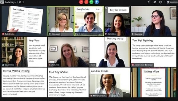 An online writing accountability group session in progress, featuring a diverse group of writers sharing their progress, goals, and insights, with a facilitator providing guidance and encouragement, fostering a sense of camaraderie and motivation in the writing process.