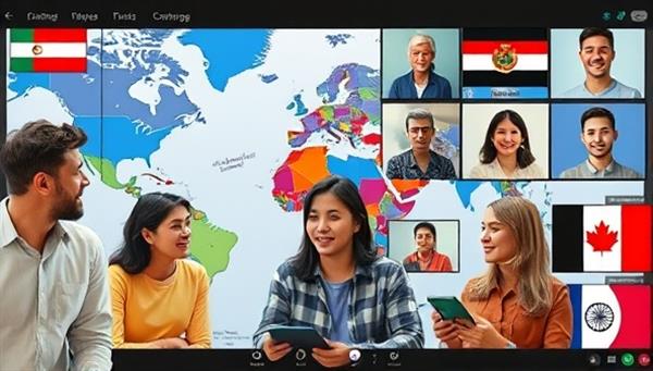 An international language exchange scene on the platform, featuring users from different countries engaging in language sessions via video calls, interactive language exercises, and virtual cultural immersion experiences, creating a diverse and inclusive language learning community.