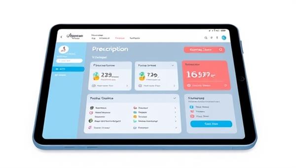 A digital illustration of a telemedicine platform interface on a tablet screen, showing a user-friendly prescription management dashboard with medication reminders and refill options, emphasizing convenience and patient empowerment.