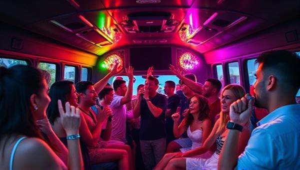 An energetic scene inside the karaoke party bus with a group of people singing and dancing to their favorite tunes, colorful disco lights flashing, and a lively atmosphere, capturing the excitement and fun of the mobile karaoke experience.