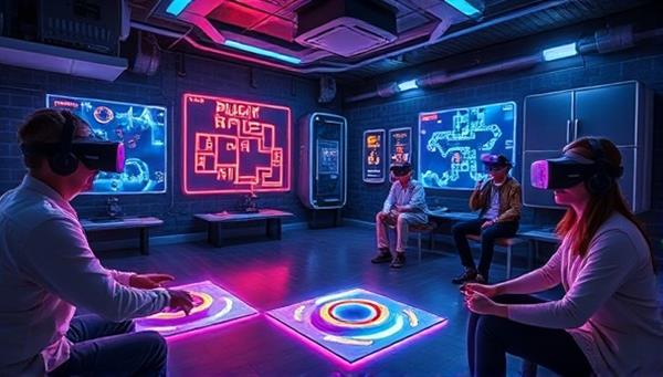 A futuristic virtual reality escape room setting with glowing puzzles, interactive objects, and players wearing VR headsets, showcasing the immersive and challenging gameplay experience.