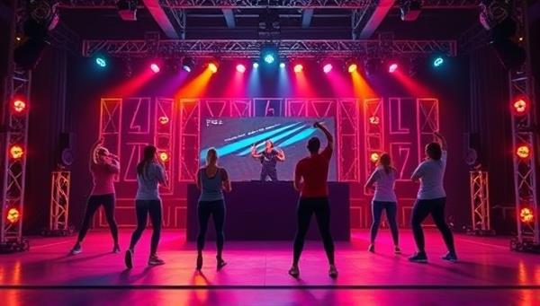 A virtual fitness stage set up with workout equipment, colorful lights, and a DJ booth, with participants following along to a high-energy workout led by a fitness trainer, capturing the excitement of a fitness concert experience.