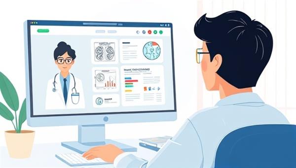 An illustration of a patient looking at a computer screen displaying medical reports and receiving a virtual consultation from a specialist, showcasing convenience and expertise in a virtual medical setting.