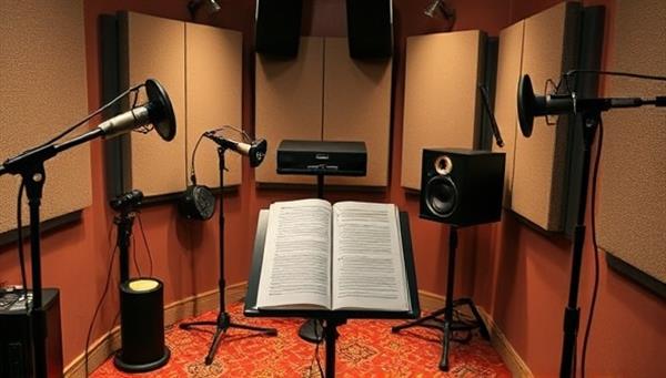 A cozy recording studio setup with microphones, soundproofing panels, and a script stand, capturing the essence of a creative space where captivating audio dramas come to life, inspiring listeners with imaginative storytelling.