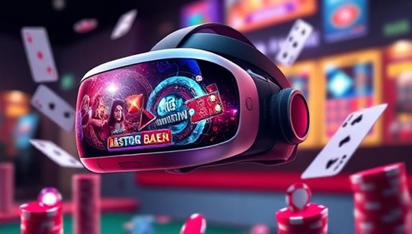 A futuristic VR headset displaying vibrant casino game graphics, surrounded by digital chips and cards floating in a virtual space, illustrating the immersive and high-tech nature of the VR Casino Haven.