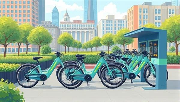 An urban landscape illustration showcasing a vibrant electric bike rental station with sleek bikes lined up, surrounded by greenery and city buildings, illustrating a modern and eco-conscious transportation hub for urban dwellers and tourists.