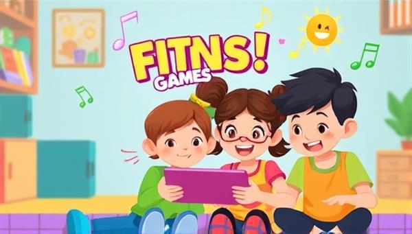 An animated scene showing kids enthusiastically playing fitness games on a tablet or smartphone, with colorful graphics, cheerful music, and virtual rewards popping up on the screen, inspiring joy and motivation for physical activity.