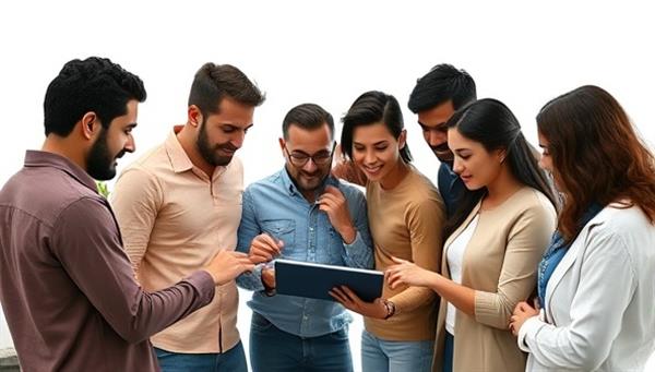 A group of diverse individuals gathered around a digital tablet, discussing cryptocurrency trends and market opportunities, symbolizing collaboration and shared investment goals.